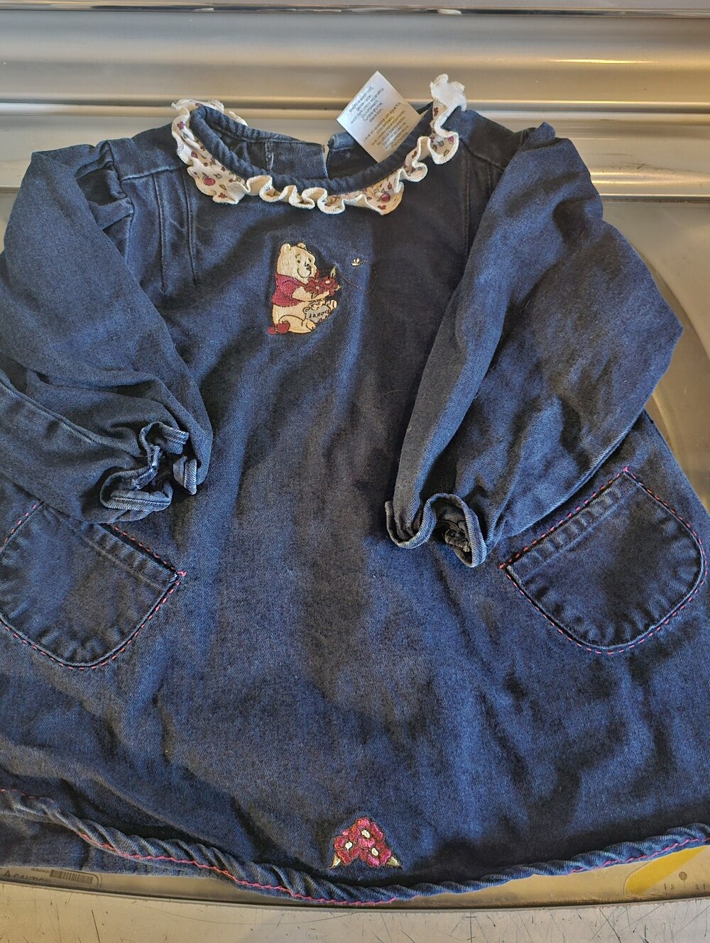 Vintage Disney Winnie the Pooh Denim Dress 18 Months Embroidered Ruffled Neck